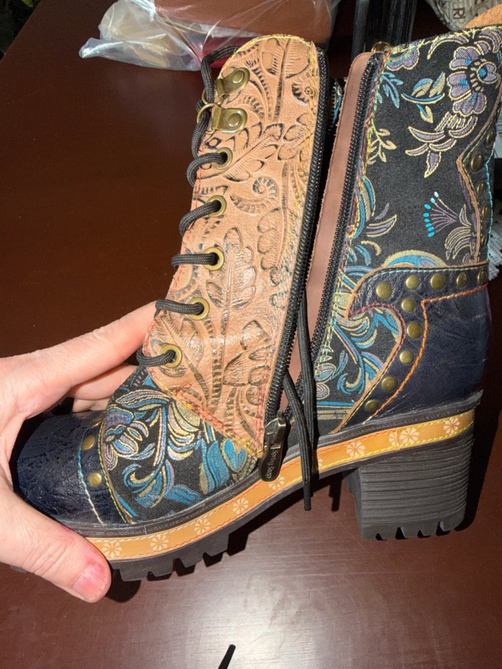 Spring Step Multi-Color Lace-Up Floral Embossed Leather Boots - Picture 7 of 15